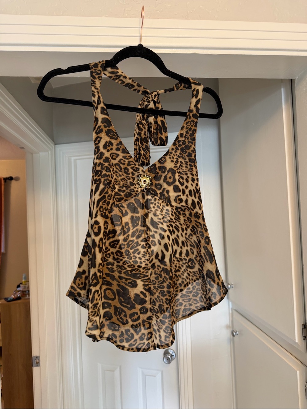 12th Tribe Leopard Print Sheer Halter Tank - Tan and Black